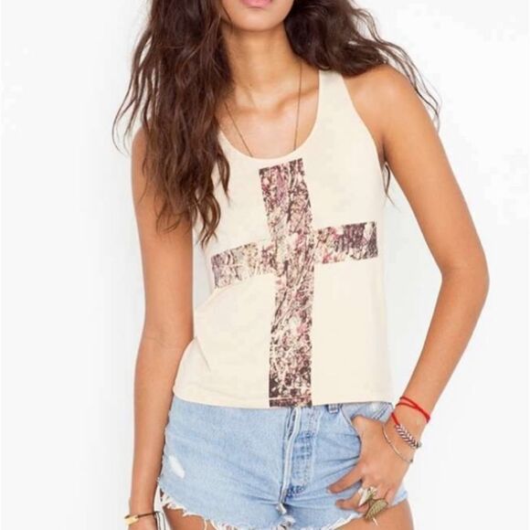 T Squad Cream & Purple Cross Print Cotton Graphic Tank Top in Coffee Size S - Picture 1 of 5